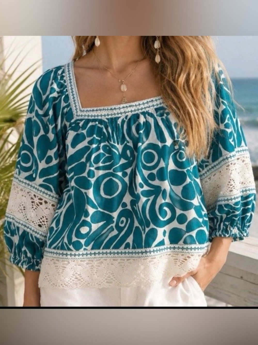 NWT Boho Cottagecore Turquoise & White Crochet Lace Peasant Linen Tunic Top